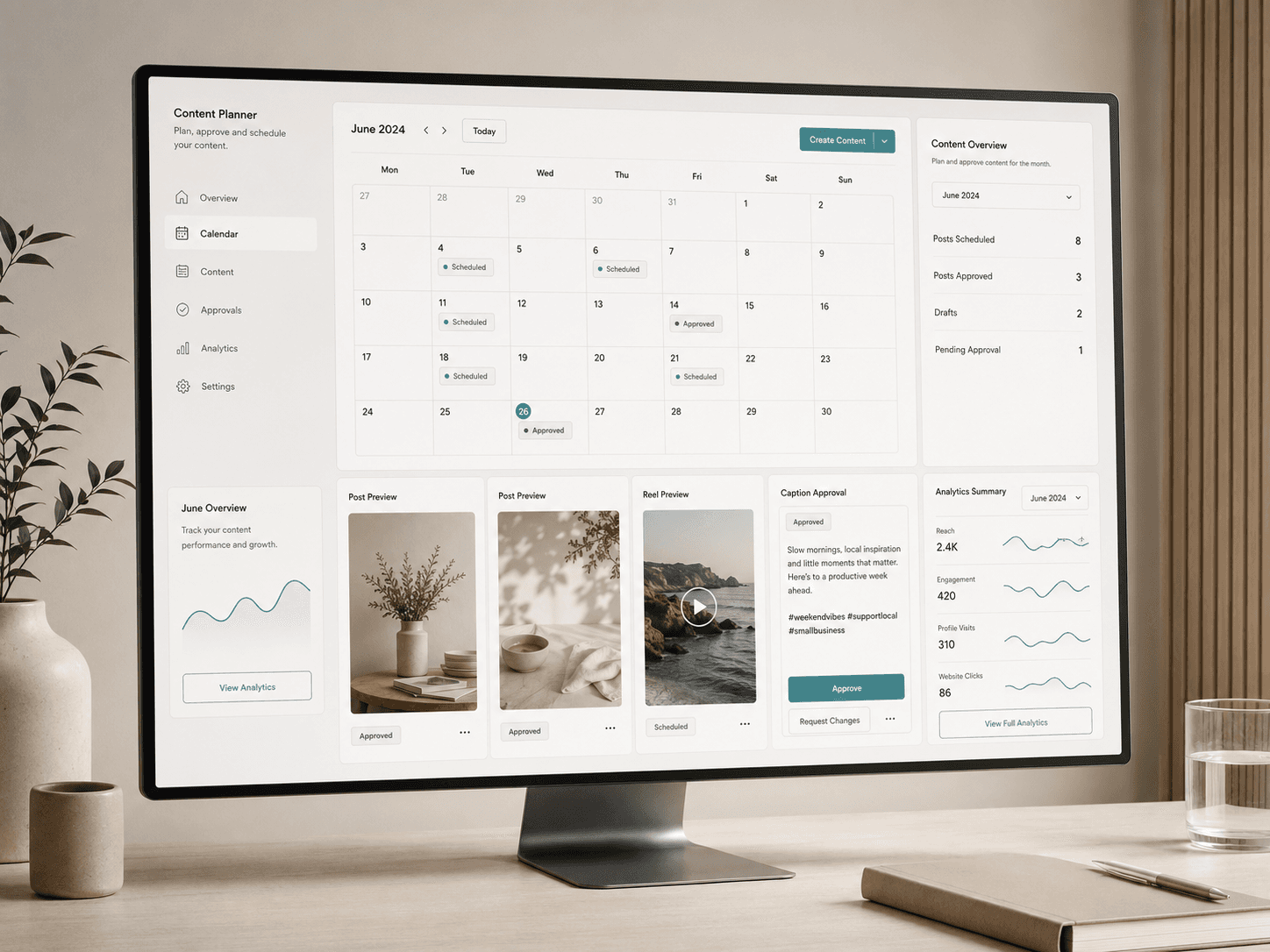 Content planning dashboard showing a monthly calendar, post and reel previews, approvals, and analytics
