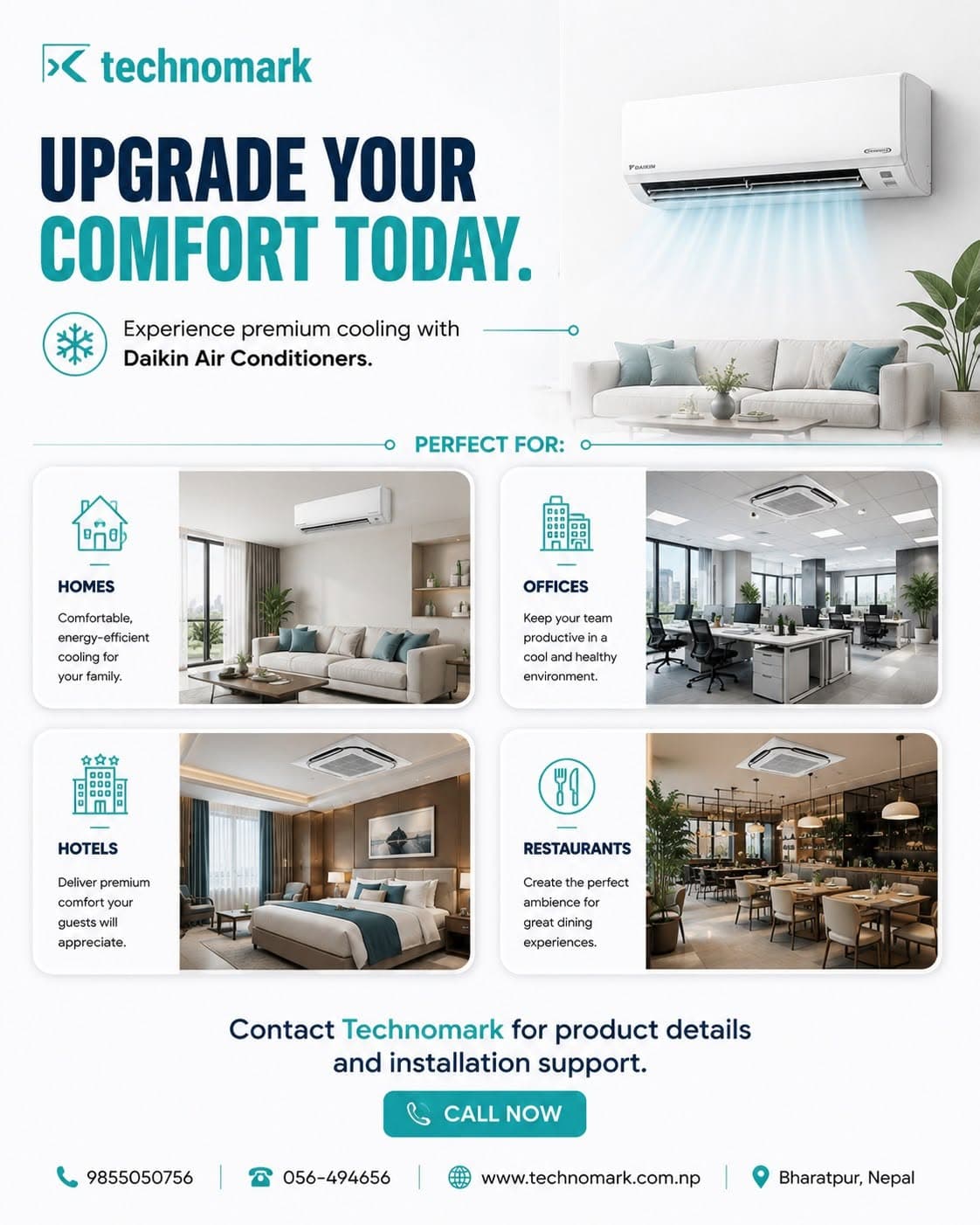 Technomark social media post showing air conditioning options for different businesses and homes